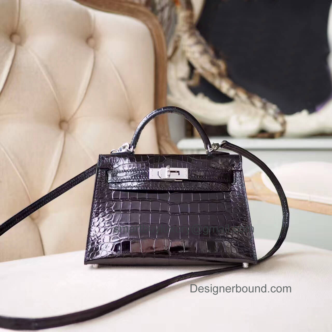 Hermes Mini Kelly II Bag in ck89 Noir Shiny Alligator PHW